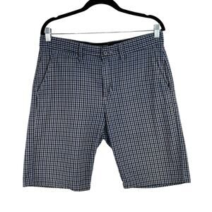 Saks Fifth Avenue Blue Black White Plaid Flat Front Casual Chino Shorts 32